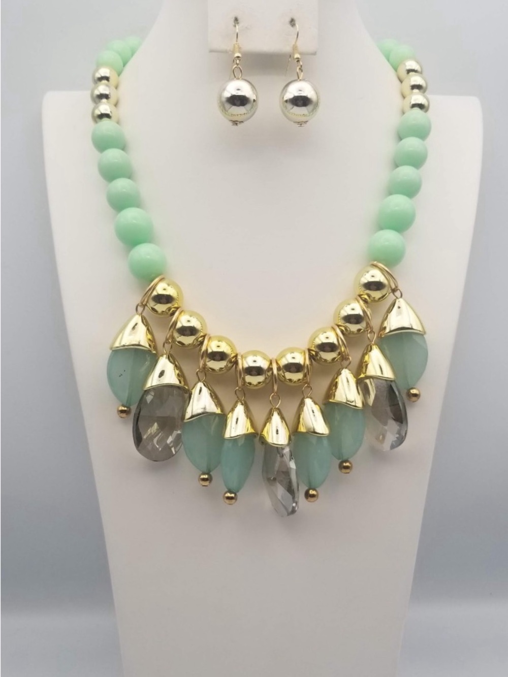 Gold-Accent Mint Beaded Statement Necklace with Matching Earrings